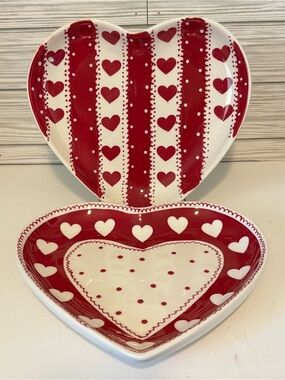 Romantic Ceramic Heart Plates Red Striped & Polka Dot Ruffle Edge Dish Set 8.5”